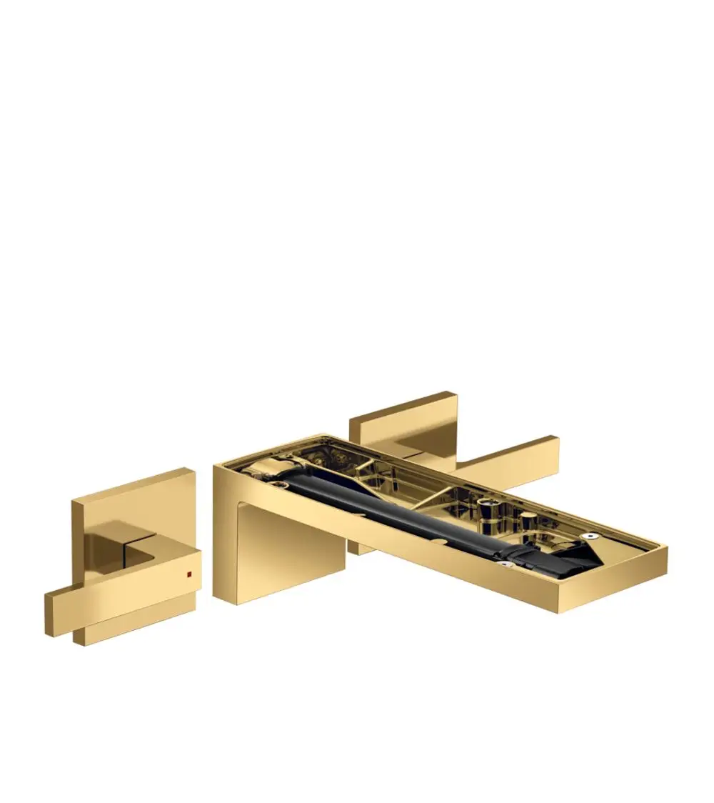 Waschtischarmatur von AXOR in Polished Gold Optic, bestehend aus einem Auslauf und zwei Bedienelementen zur Wandmontage, zeigt ein schlichtes, funktionales Design.